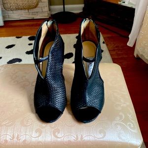 Jimmy Choo black 4” stilettos -mesh leather open toe with zippers in back